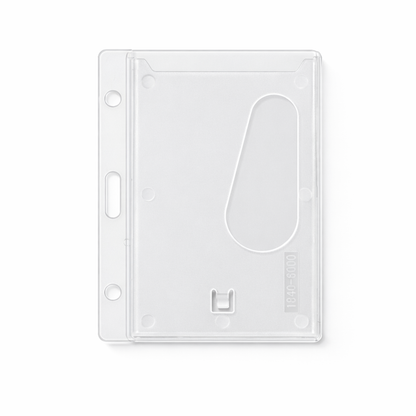 The Horizontal Rigid Plastic Badge Holder - Frosted Card Dispenser (P/N 1840-6000) features a clear, durable design with slot and holes for easy attachment, plus a diagonal thumb notch on one side for convenient card removal—making it ideal as an ID card holder.