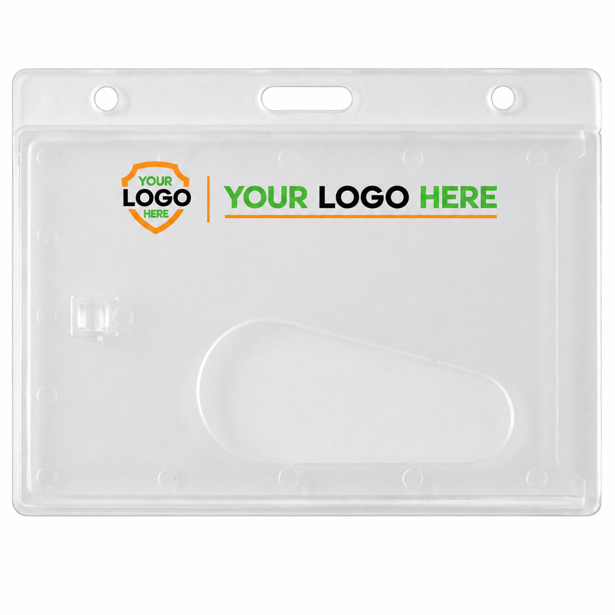 1840-6000 badge holder with a small shield and horizontal Your Logo Here branding across the top.