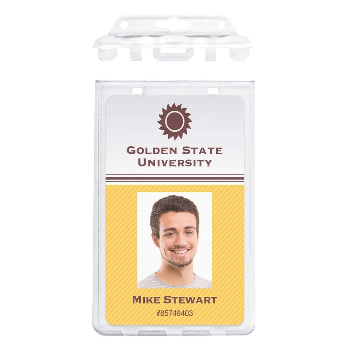 The personalized ID badge for Golden State University showcases a Custom Clear Vertical Permanent Locking Plastic Card Holder - Add Your Logo featuring a headshot of Mike Stewart and his ID number #85749403.