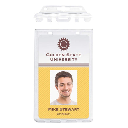 The personalized ID badge for Golden State University showcases a Custom Clear Vertical Permanent Locking Plastic Card Holder - Add Your Logo featuring a headshot of Mike Stewart and his ID number #85749403.