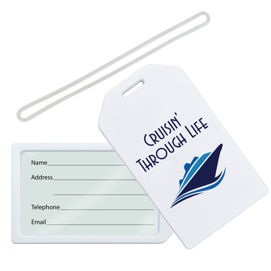The "Cruisin' Through Life Hard Plastic Luggage Tag with Cruise Ship Design" is a white tag that showcases the "Cruisin' Through Life" text and a ship graphic. It comes equipped with a form for name, address, telephone, and email—making it an essential travel accessory. The tag includes a durable plastic strap for easy attachment.