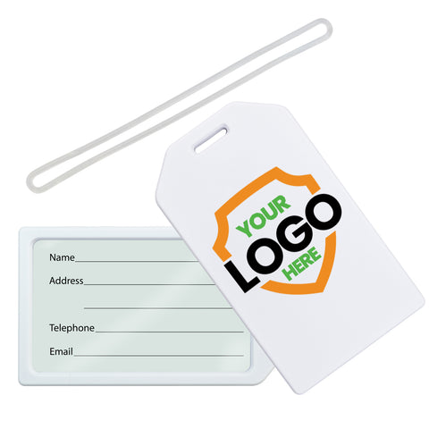 A white Custom Rigid Plastic Luggage Tag Holders with 6" Clear Loop - Personalize with Your Logo displaying "Your Logo Here" with an attached string and a blank card for personal information including name, address, telephone, and email—perfect for brand awareness and promotional giveaways.