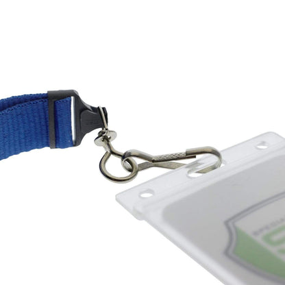 Close-up of a blue lanyard with a metal hook attached to a Custom Vertical Rigid Plastic Card Holder (1840-6500) - Personalize with Your Logo. Sold by Specialist ID.
