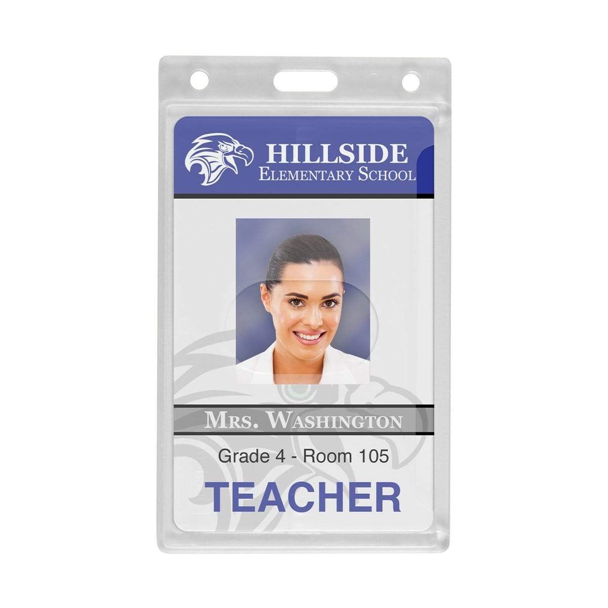 ID badge for Hillside Elementary School featuring a photo of a female teacher labeled Mrs. Washington, Grade 4, Room 105. The badge is encased in a Custom Vertical Rigid Plastic Card Holder (1840-6500) - Personalize with Your Logo that showcases the school's brand logo on the front.