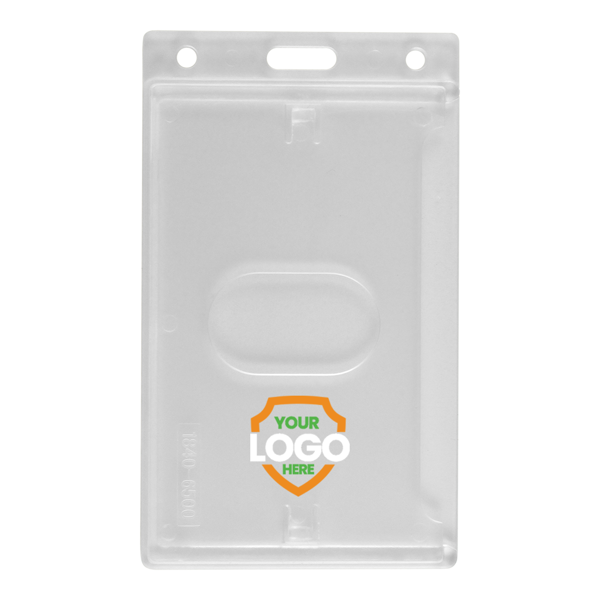 A clear, vertical badge holder with a slot for inserting a card. The front features a middle space labeled "YOUR LOGO HERE" in green and orange, making it a customizable Custom Vertical Rigid Plastic Card Holder (1840-6500) - Personalize with Your Logo perfect for showcasing your brand logo.