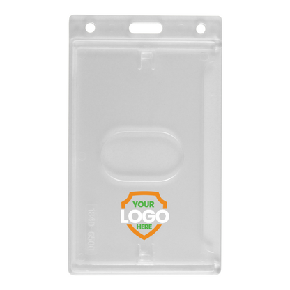A clear, vertical badge holder with a slot for inserting a card. The front features a middle space labeled "YOUR LOGO HERE" in green and orange, making it a customizable Custom Vertical Rigid Plastic Card Holder (1840-6500) - Personalize with Your Logo perfect for showcasing your brand logo.