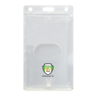 Transparent plastic ID card holder with a rectangular shape and a cut-out in the middle, featuring the brand logo "Specialist ID Inc." at the bottom. This Custom Vertical Rigid Plastic Card Holder (1840-6500) - Personalize with Your Logo is perfect for displaying your credentials clearly and securely.