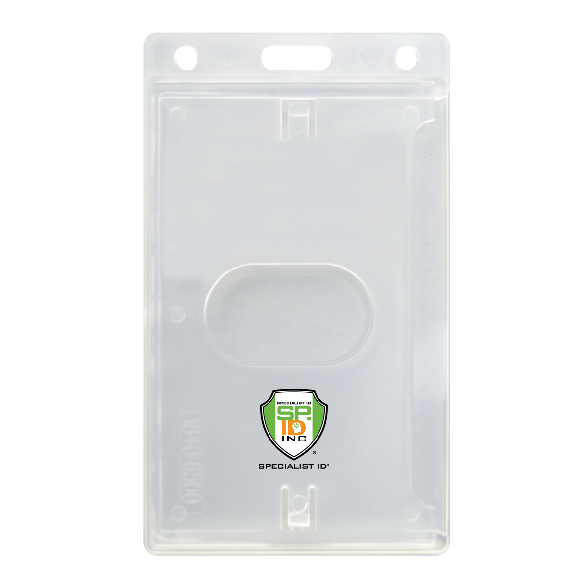Transparent plastic ID card holder with a rectangular shape and a cut-out in the middle, featuring the brand logo "Specialist ID Inc." at the bottom. This Custom Vertical Rigid Plastic Card Holder (1840-6500) - Personalize with Your Logo is perfect for displaying your credentials clearly and securely.