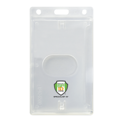 Transparent plastic ID card holder with a rectangular shape and a cut-out in the middle, featuring the brand logo "Specialist ID Inc." at the bottom. This Custom Vertical Rigid Plastic Card Holder (1840-6500) - Personalize with Your Logo is perfect for displaying your credentials clearly and securely.