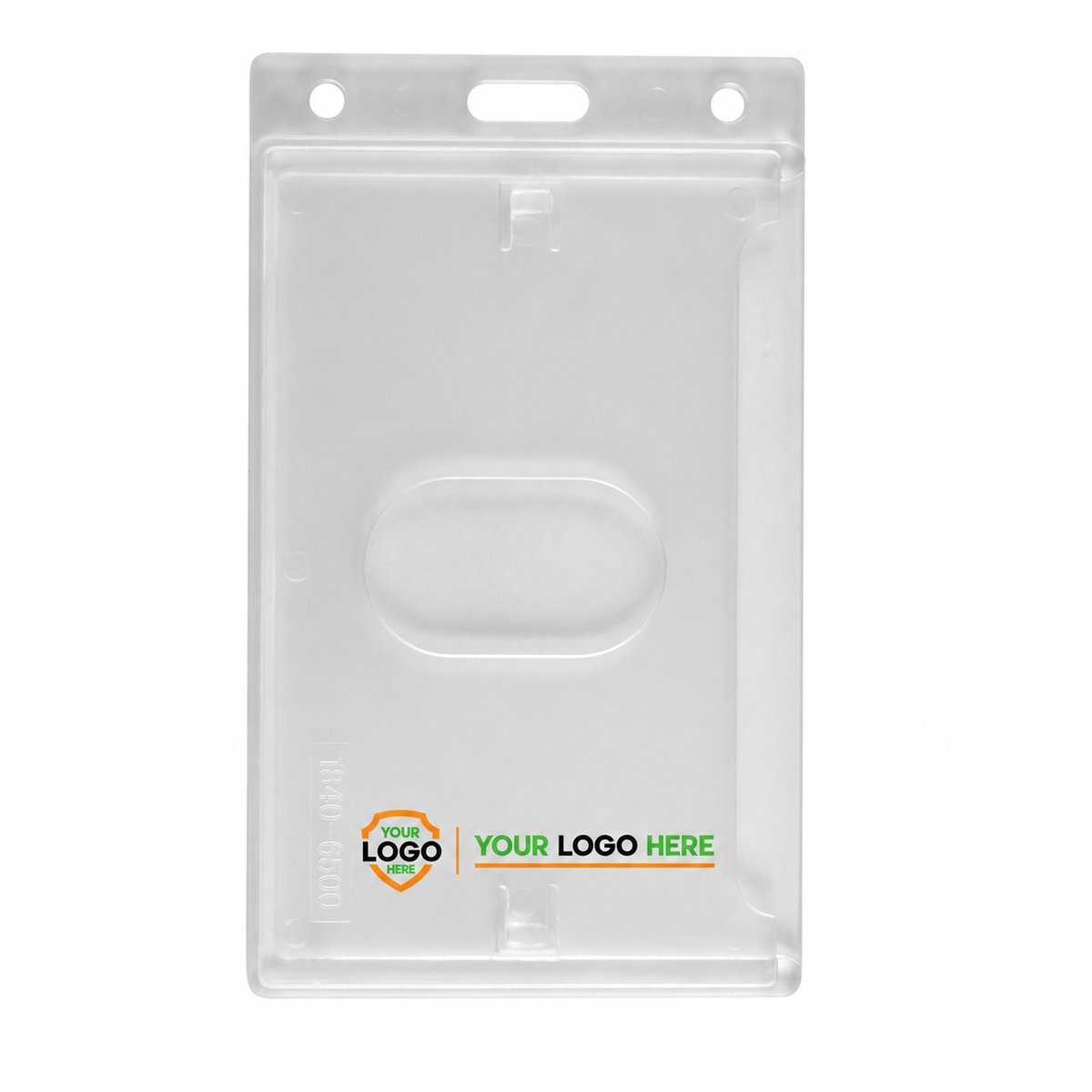 1840-6500 badge holder with a small shield and horizontal Your Logo Here branding along the bottom.
