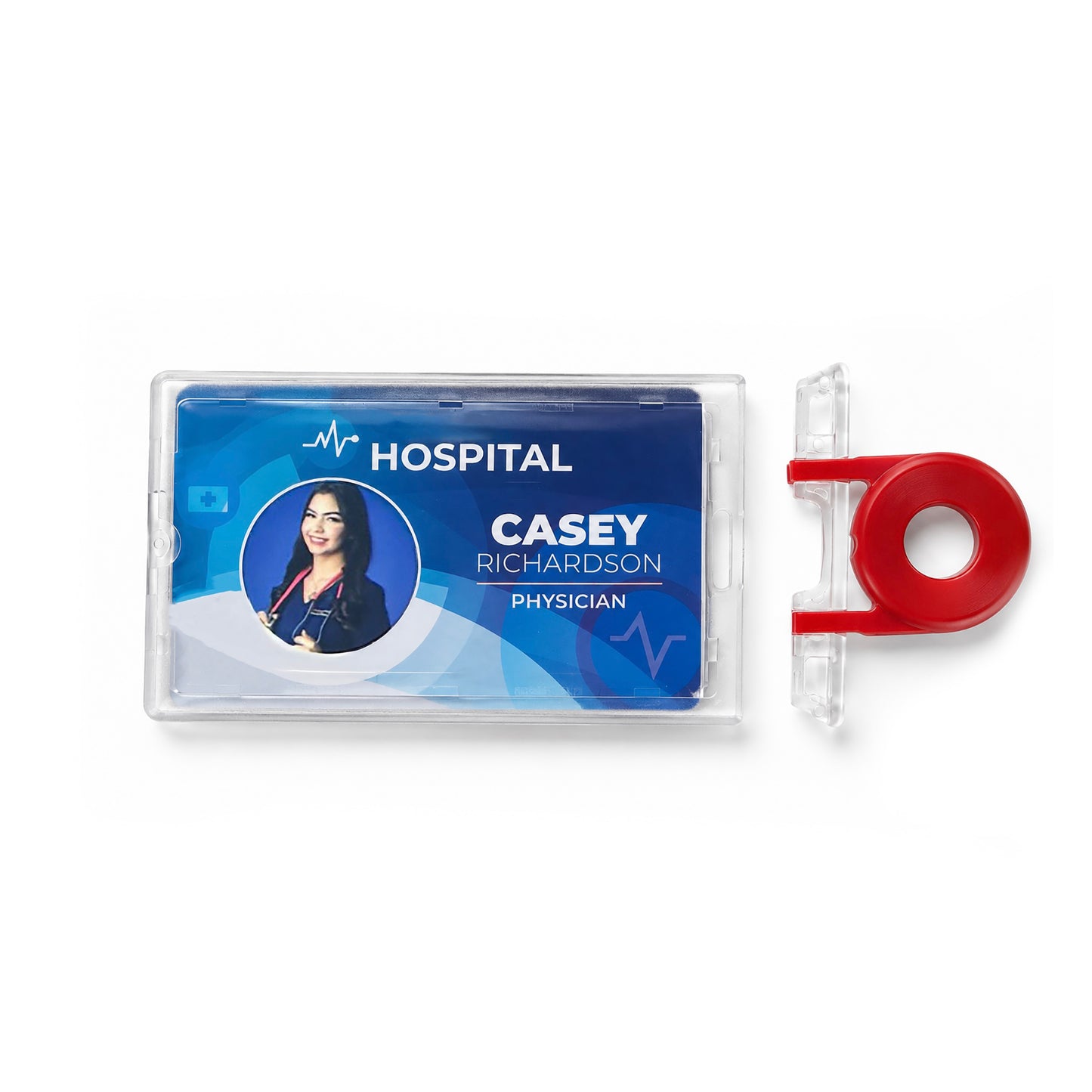 ID badge with photo showing "HOSPITAL" logo, name "Casey Richardson," and title "Physician" in a Guard Key For Locking Card Holder (P/N 1840-6615) with a red clip. 