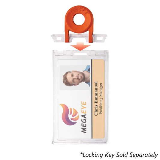 A photo ID badge inside a hard plastic locking badge holder, featuring his photo and a separated attachment closure piece with detachable orange clip, encased in a Clear Vertical Locking Plastic Card Holder (P/N 1840-6630). Text along bottom reads that the locking key is sold separately.