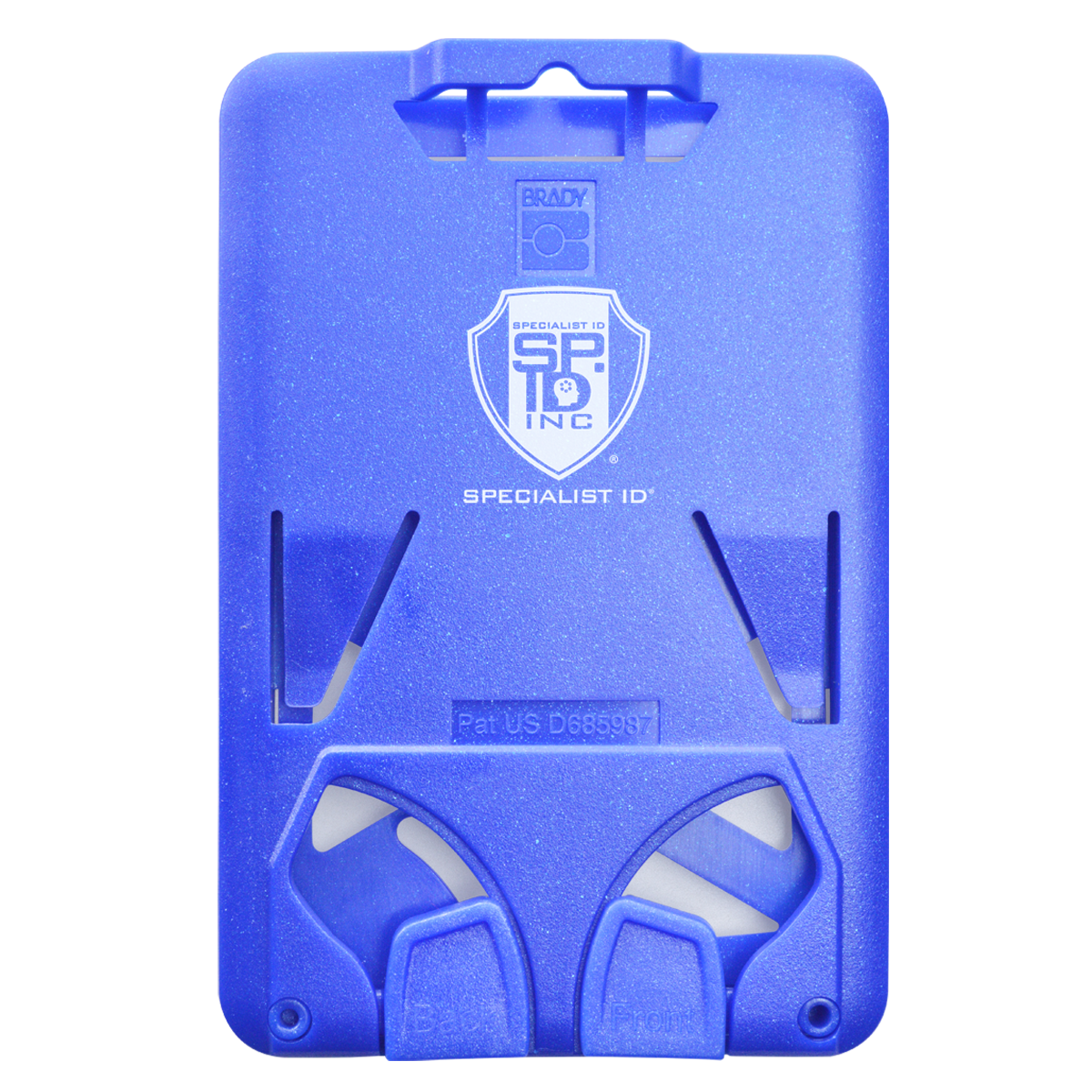 A Custom Three Card Vertical ID Badge Holder B-Holder (1840-666X) - Add Your Brand Logo from Specialist ID Inc. with vertical slots and clips for holding and displaying an identification card, offering a stylish way to showcase your branding logo.