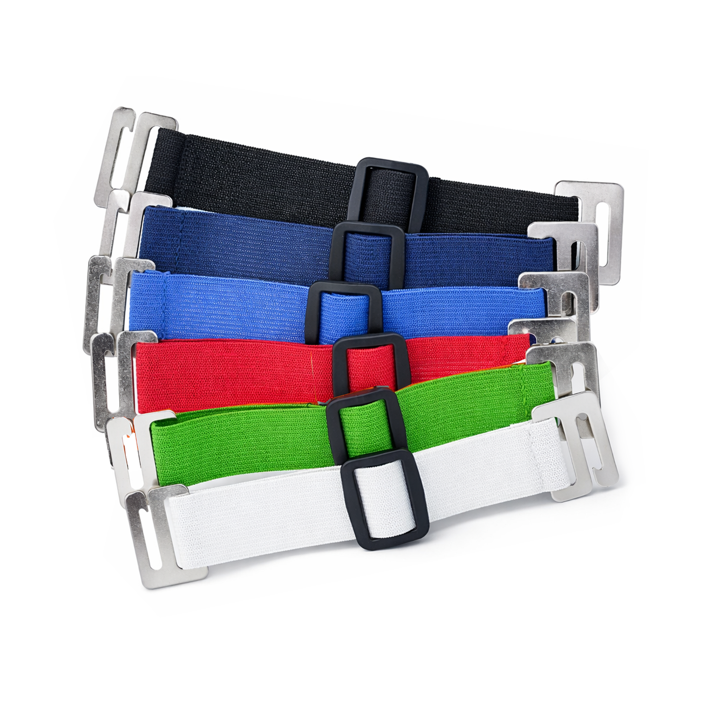 Six colored nylon straps with metal buckles are arranged vertically, resembling an organized display fit for a Clear Fuel Card Holder for Visor with Elastic Band; colors from top to bottom are black, navy blue, light blue, red, green, and black.