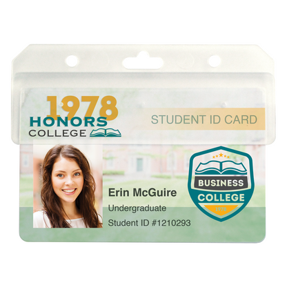A student's ID card for Honors College, enhanced with a magnetic stripe for access. The card, held in a Custom Horizontal Half Card Swipe Holder (1840-8000) - Brand it with Your Logo, features a photo of a smiling young woman named Erin McGuire, identifying her as an undergraduate student with ID number #1210293.