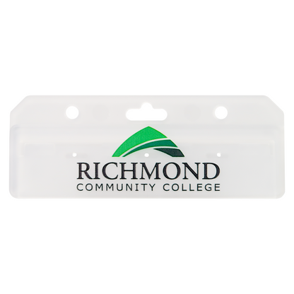 A Custom Horizontal Half Card Swipe Holder (1840-8000) - Brand it with Your Logo item with two holes and a centered logo for "Richmond Community College," featuring a green and black design above the text, ideal for use with custom badge holders.