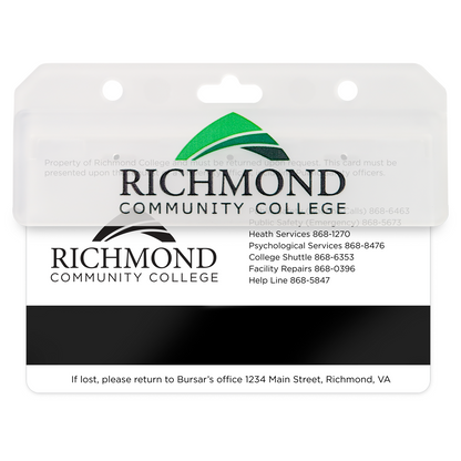 Richmond Community College ID card with contact information for Health Services, Psychological Services, College Shuttle, Facility Repairs, and Help Line. Contains return address if lost. Now featuring Custom Horizontal Half Card Swipe Holder (1840-8000) - Brand it with Your Logo for enhanced security.