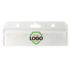 Clear plastic Custom Horizontal Half Card Swipe Holder (1840-8000) - Brand it with Your Logo featuring an area for a custom logo, perfect for businesses looking to utilize custom badge holders. Equipped with a top slot for lanyard attachment, this holder can also be customized easily using our online design tool.