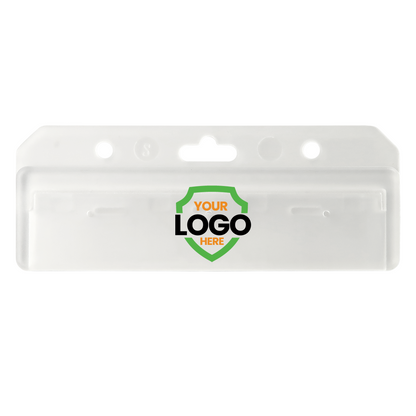 Clear plastic Custom Horizontal Half Card Swipe Holder (1840-8000) - Brand it with Your Logo featuring an area for a custom logo, perfect for businesses looking to utilize custom badge holders. Equipped with a top slot for lanyard attachment, this holder can also be customized easily using our online design tool.