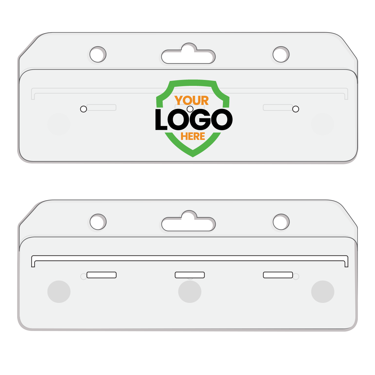 Two Custom Horizontal Half Card Swipe Holders (1840-8000) featuring a placeholder logo in the center. Each white plastic holder has three holes at the top and various slots for attachments. These can be personalized using an online design tool for your specific needs.