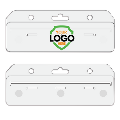 Two Custom Horizontal Half Card Swipe Holders (1840-8000) featuring a placeholder logo in the center. Each white plastic holder has three holes at the top and various slots for attachments. These can be personalized using an online design tool for your specific needs.