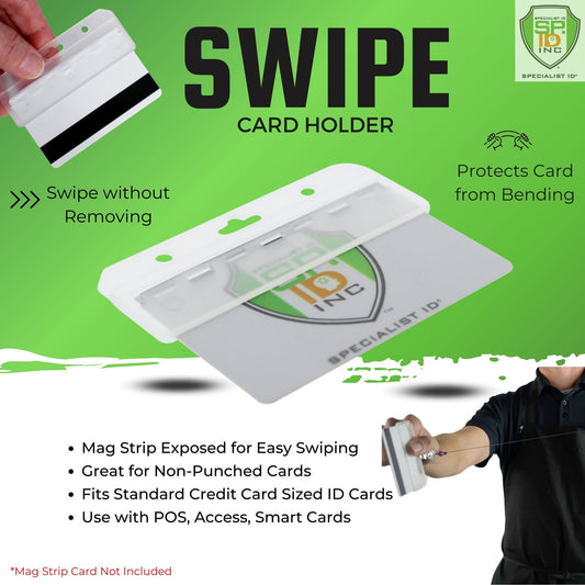 A badge holder with the logo "Specialist ID" and text "Swipe Card Holder - Rigid Horizontal Half Card Badge Holder - Leaves Mag Stripe Exposed for Easy Swiping (1840-8000)." Text includes features such as mag strip exposure, protection from bending, fitting standard cards, and use with POS, access, and smart cards. This half card holder ensures magnetic strip accessibility while protecting your cards.