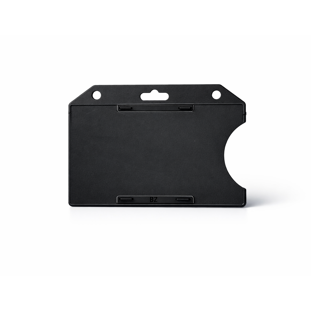 The Horizontal Open-Face Rigid Plastic Card Holder (1840-811X) is a black plastic holder featuring two slots and a central hole for attaching a lanyard, displayed horizontally against a white background.