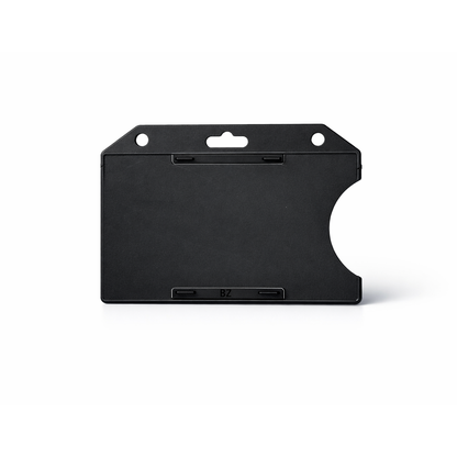 The Horizontal Open-Face Rigid Plastic Card Holder (1840-811X) is a black plastic holder featuring two slots and a central hole for attaching a lanyard, displayed horizontally against a white background.
