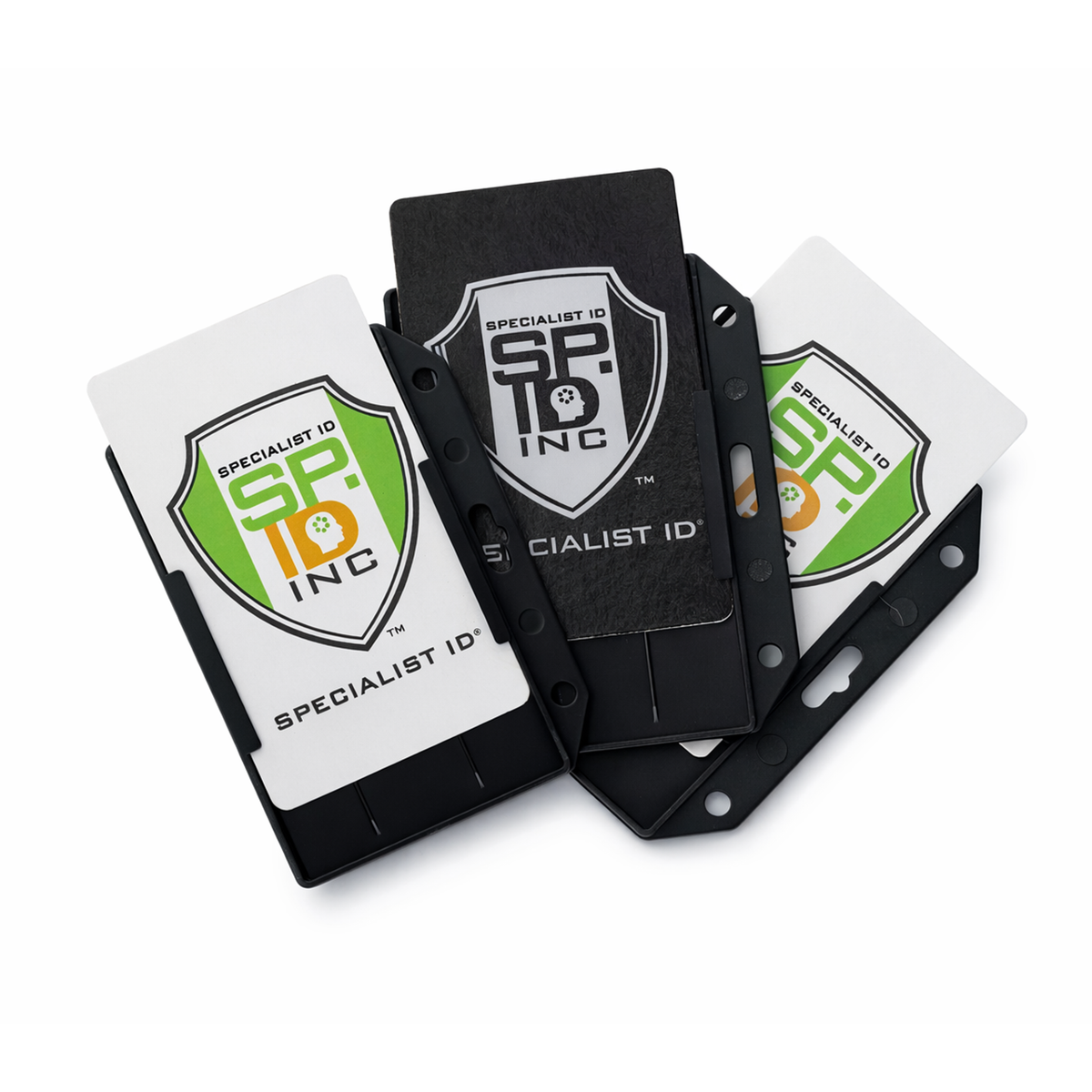 Three black Horizontal Open-Face Rigid Plastic Card Holders (1840-811X), each displaying a Specialist ID logo card with both white and black card designs, are arranged in a fan-like formation on a white background.