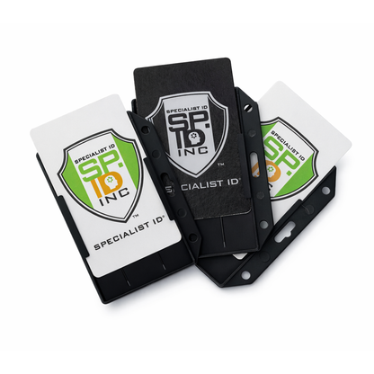Three black Horizontal Open-Face Rigid Plastic Card Holders (1840-811X), each displaying a Specialist ID logo card with both white and black card designs, are arranged in a fan-like formation on a white background.