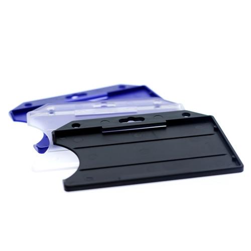 Three differently colored Custom Horizontal Open-Face Rigid Plastic Card Holder (1840-811X) - Add Your Logo are stacked on each other, with the top one being blue, the middle one transparent, and the bottom one black.