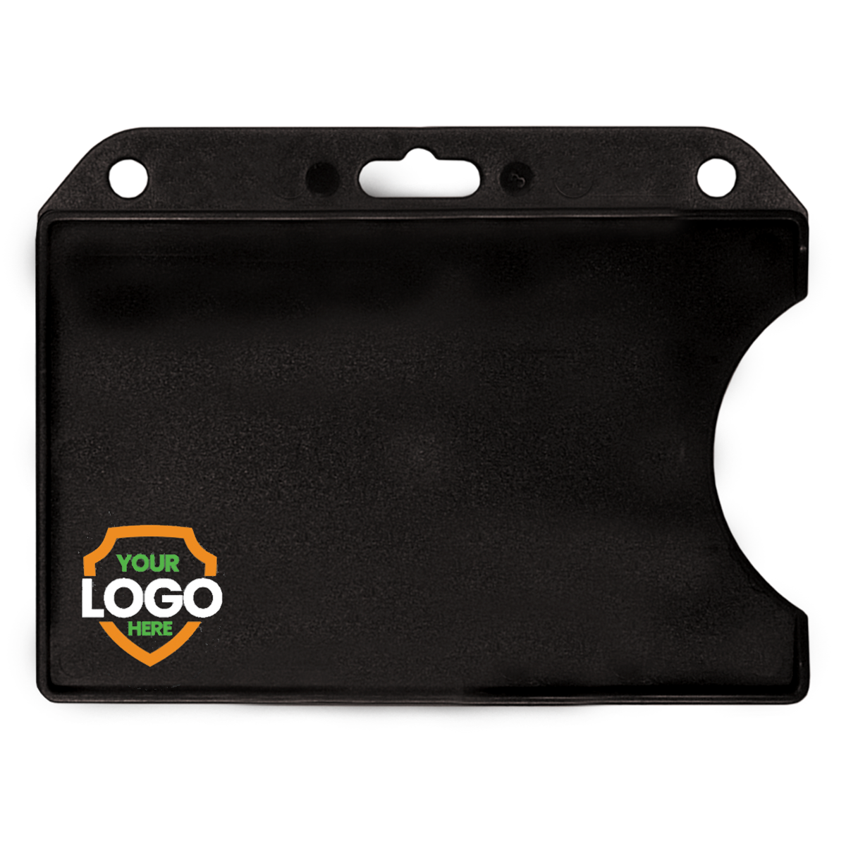 A black Custom Horizontal Open-Face Rigid Plastic Card Holder (1840-811X) - Add Your Logo with three holes on the top for attachment. The bottom right corner has an indented cutout, while a placeholder logo is displayed on the lower left side. Ideal for those seeking personalized badge holders.
