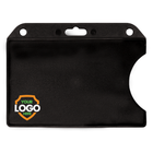 A black Custom Horizontal Open-Face Rigid Plastic Card Holder (1840-811X) - Add Your Logo with three holes on the top for attachment. The bottom right corner has an indented cutout, while a placeholder logo is displayed on the lower left side. Ideal for those seeking personalized badge holders.