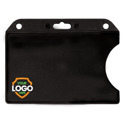 A black Custom Horizontal Open-Face Rigid Plastic Card Holder (1840-811X) - Add Your Logo with three holes on the top for attachment. The bottom right corner has an indented cutout, while a placeholder logo is displayed on the lower left side. Ideal for those seeking personalized badge holders.