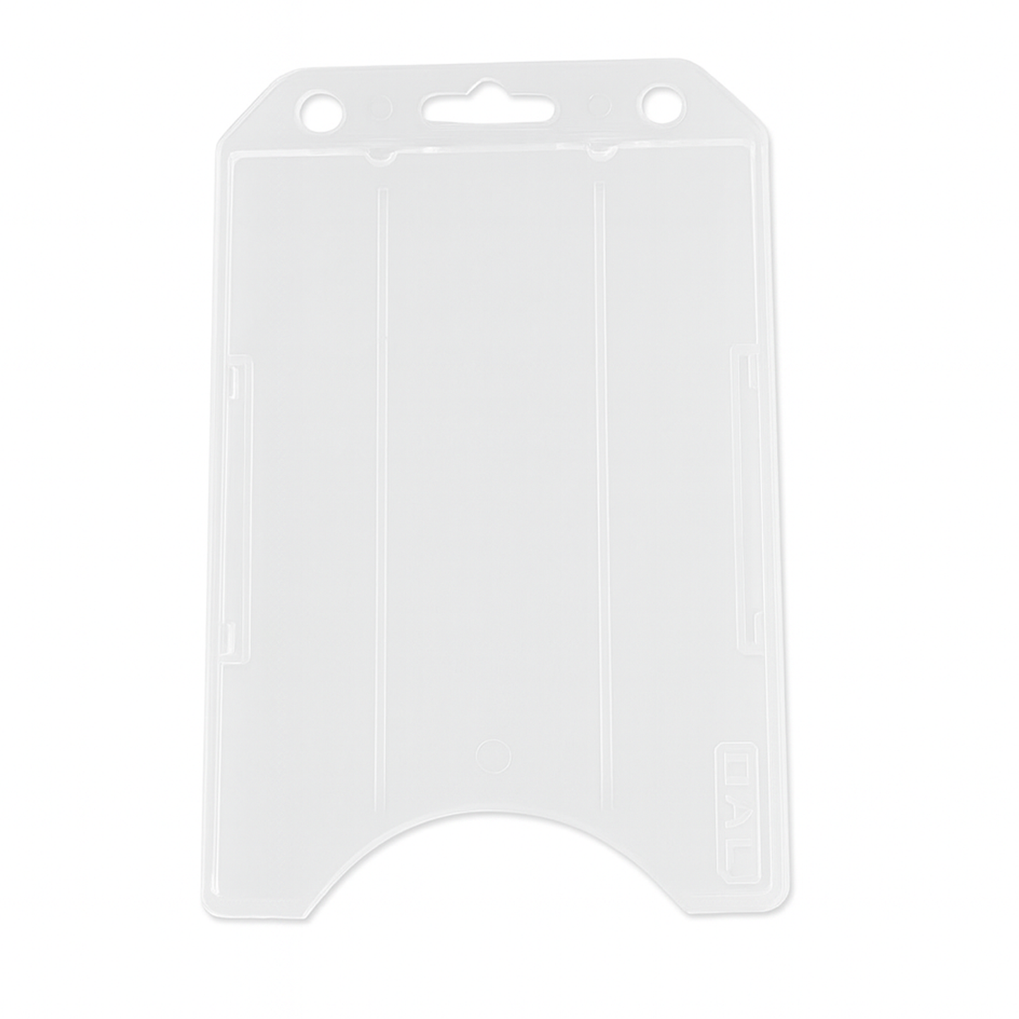 Clear Vertical Open Face Plastic ID Holder (1840-816X) with two vertical grooves, a circular cutout at the bottom, and a slot at the top for attaching a lanyard or clip. This rigid plastic design ensures durability while perfectly fitting your photo ID badge.
