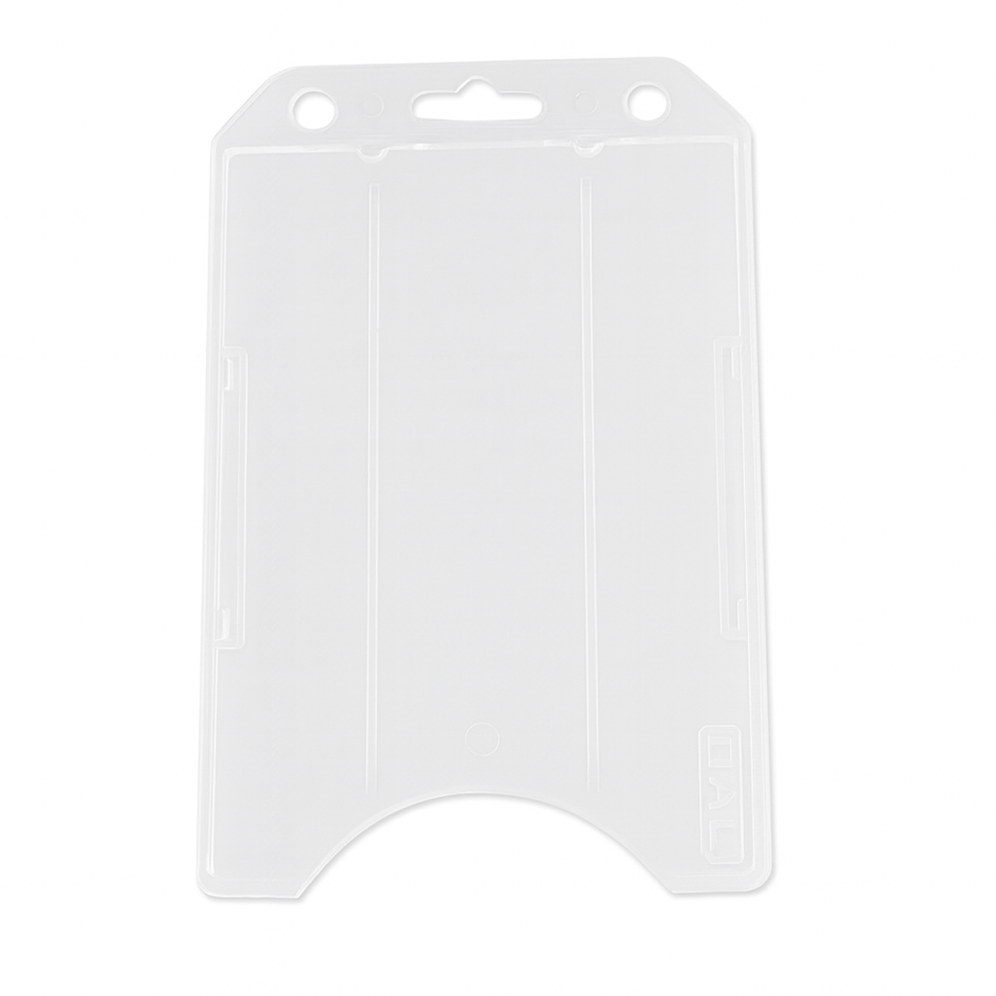Clear Vertical Open Face Plastic ID Holder (1840-816X) with two vertical grooves, a circular cutout at the bottom, and a slot at the top for attaching a lanyard or clip. This rigid plastic design ensures durability while perfectly fitting your photo ID badge.
