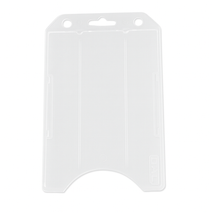 Clear Vertical Open Face Plastic ID Holder (1840-816X) with two vertical grooves, a circular cutout at the bottom, and a slot at the top for attaching a lanyard or clip. This rigid plastic design ensures durability while perfectly fitting your photo ID badge.