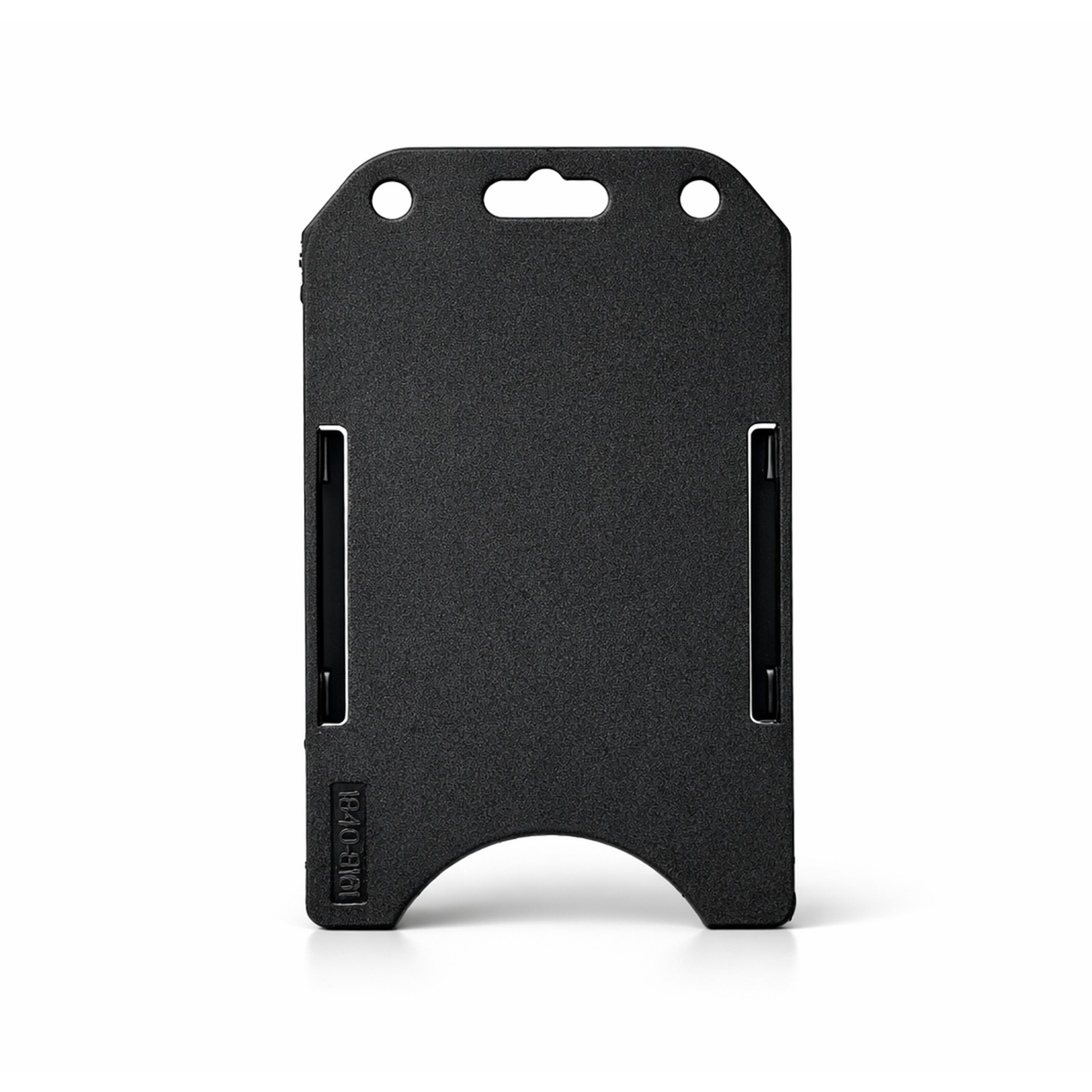 The Vertical Open Face Plastic ID Holder (1840-816X) is a durable black plastic badge holder with a rectangular shape, featuring two side slots, a semicircular cutout at the bottom for easy card access, and two holes at the top for attaching a lanyard or clip. This vertical card holder ensures convenient display and quick access to your credentials.