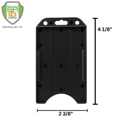 Vertical Open Face Plastic ID Holder (1840-816X) with a cutout for easy access. It features multiple holes for lanyard attachments and measures 4 1/8 inches in height by 2 3/8 inches in width. The rigid plastic design ensures durability, and the Specialist ID logo is present.