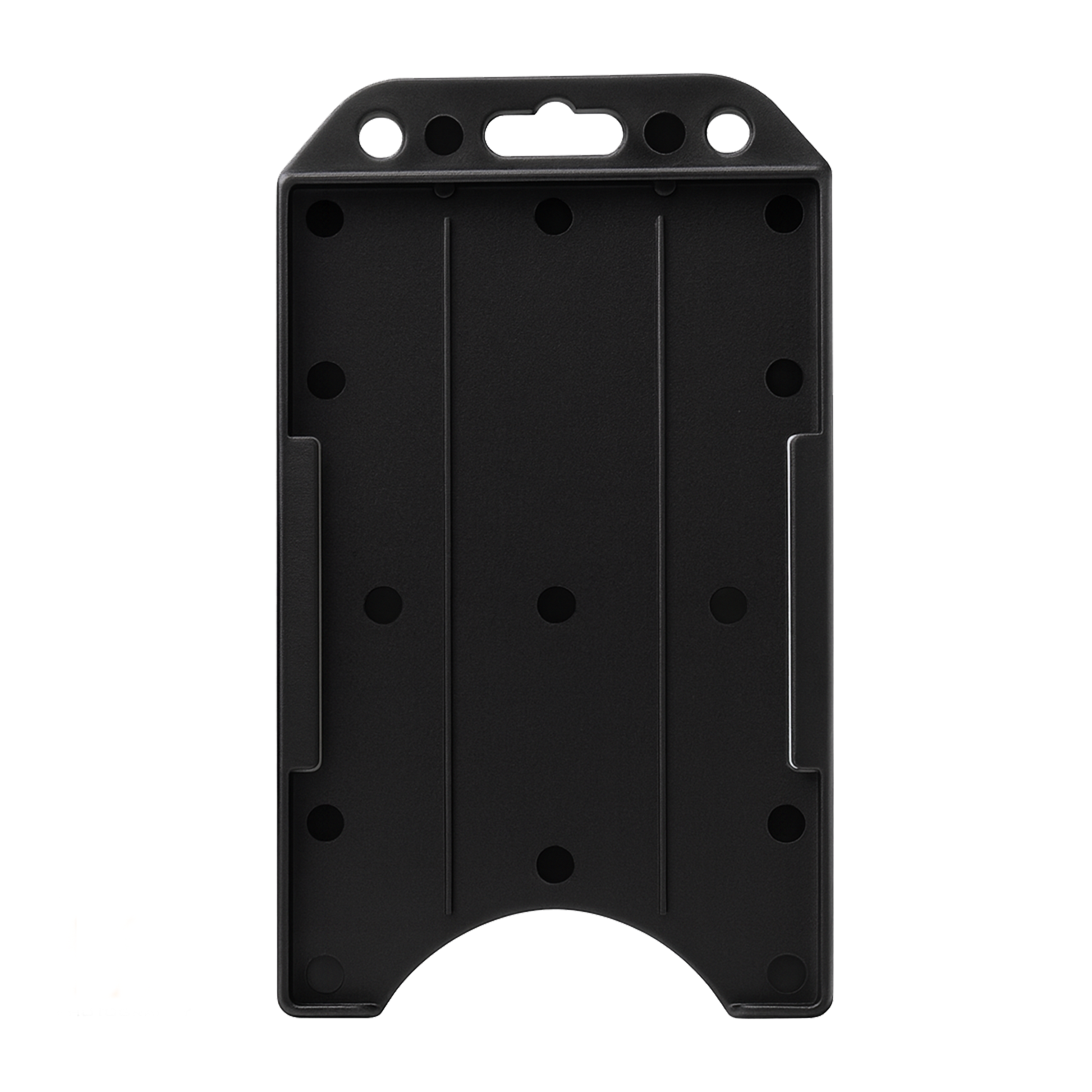 Black Vertical Open Face Plastic ID Holder (1840-816X) with two vertical grooves, a circular cutout at the bottom, and a slot at the top for attaching a lanyard or clip. This rigid plastic design ensures durability while perfectly fitting your photo ID badge.