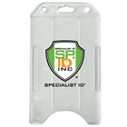 Custom Vertical Open Faced Plastic ID Badge Holder (1840-816X) - Upload Your Logo with the "Specialist ID" logo, featuring a green and orange shield and the text "Specialist ID Inc." This vertical plastic card holder is ideal for personalized badge accessories, ensuring your custom ID badge holders are both stylish and functional.
