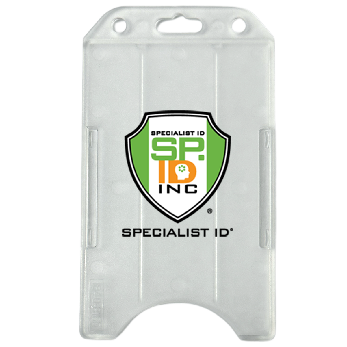 Custom Vertical Open Faced Plastic ID Badge Holder (1840-816X) - Upload Your Logo with the "Specialist ID" logo, featuring a green and orange shield and the text "Specialist ID Inc." This vertical plastic card holder is ideal for personalized badge accessories, ensuring your custom ID badge holders are both stylish and functional.