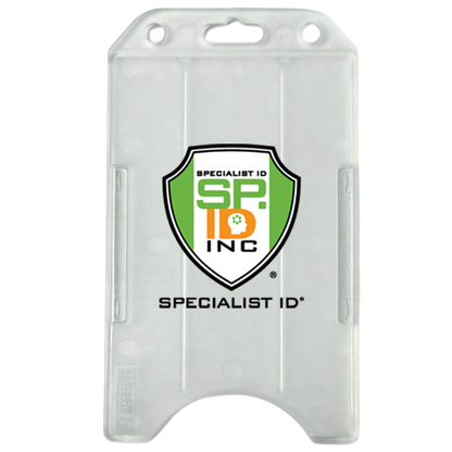 Custom Vertical Open Faced Plastic ID Badge Holder (1840-816X) - Upload Your Logo with the "Specialist ID" logo, featuring a green and orange shield and the text "Specialist ID Inc." This vertical plastic card holder is ideal for personalized badge accessories, ensuring your custom ID badge holders are both stylish and functional.