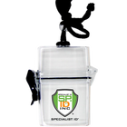 Custom Multi-Card Clear Rigid Water Resistant Holder (1840-9000) - Add Your Logo with black lanyard, featuring the Specialist ID Inc. logo on the front, perfect for promotional giveaways to boost brand awareness.