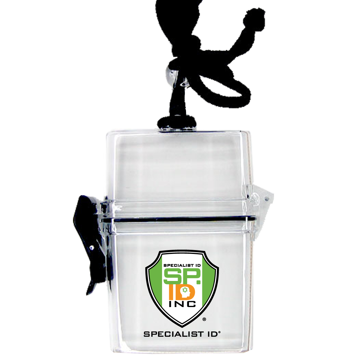 Custom Multi-Card Clear Rigid Water Resistant Holder (1840-9000) - Add Your Logo with black lanyard, featuring the Specialist ID Inc. logo on the front, perfect for promotional giveaways to boost brand awareness.