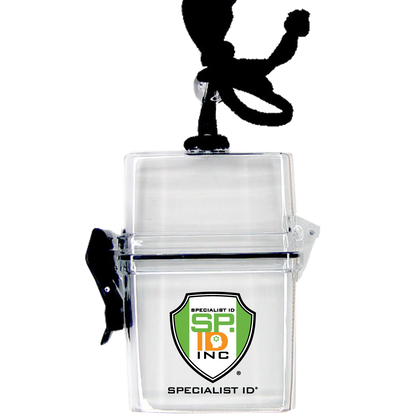Custom Multi-Card Clear Rigid Water Resistant Holder (1840-9000) - Add Your Logo with black lanyard, featuring the Specialist ID Inc. logo on the front, perfect for promotional giveaways to boost brand awareness.