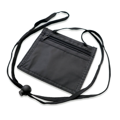 The Premium Color 3 Pocket 4x3 Nylon Credential Neck Lanyard Wallet (1860-260X) boasts a sleek black design with a zipper pocket and an adjustable neck lanyard, ideal for displaying exhibitor badges against a pristine white background.