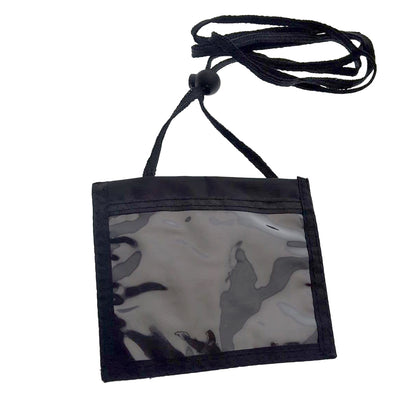 An adjustable Premium Color 3 Pocket 4x3 Nylon Credential Neck Lanyard Wallet in black, featuring an empty transparent exhibitor badge holder. Sold by Specialist ID.