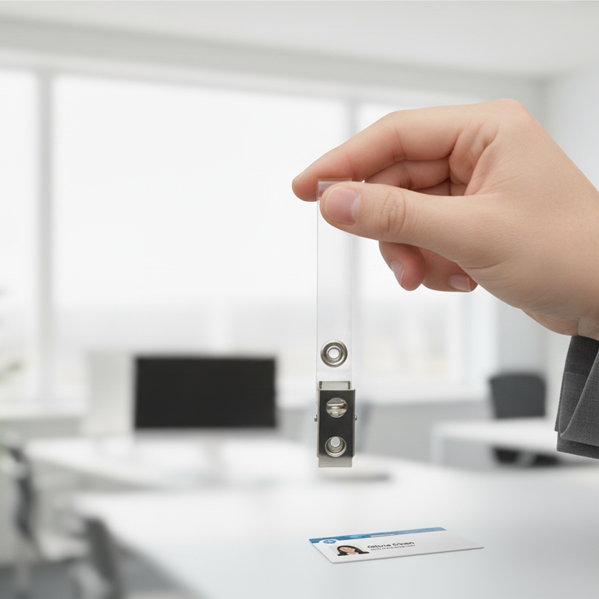 A hand holds the ID Badge Clip with Long 3 1/2 Inch Vinyl Strap (2105-3100) above an office desk, featuring a vinyl strap clip, with a blurred computer and visible employee ID card in the background.
