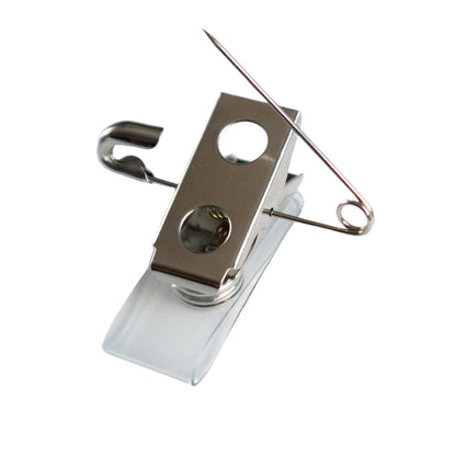 A 2-Hole Pin-Clip Combo Strap Clip with a clear vinyl strap, featuring a clear plastic clip and a safety pin attachment. Sold by Specialist ID.